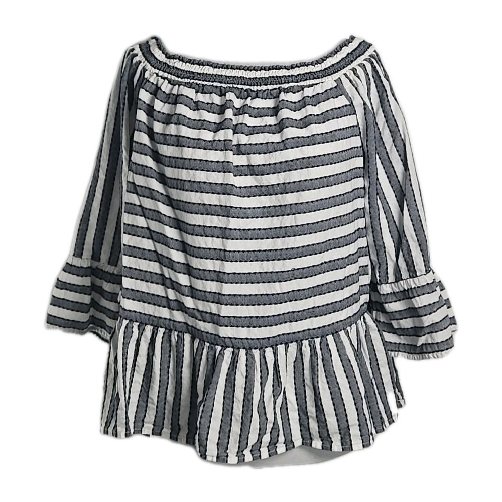 Crown & Ivy Blue White Striped Cotton Seersucker Bell Sleeve Top Blouse Size XL